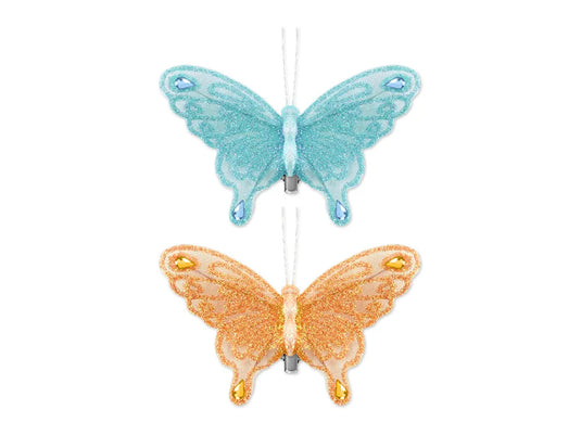 Craft Decor: 3.5"x2.5" Glitter Gem Butterflies x2 w/Clip B) Blue/Orange