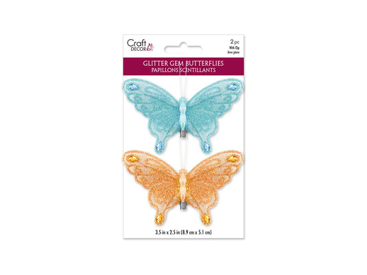 Craft Decor: 3.5"x2.5" Glitter Gem Butterflies x2 w/Clip B) Blue/Orange