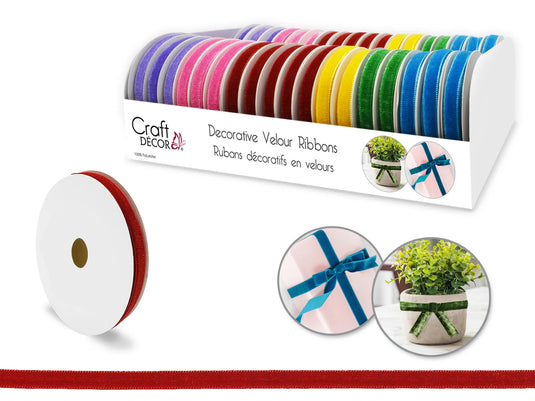 Craft Décor Ribbons/Trims: Velour 3/8"x3yd Rolls A) Brights