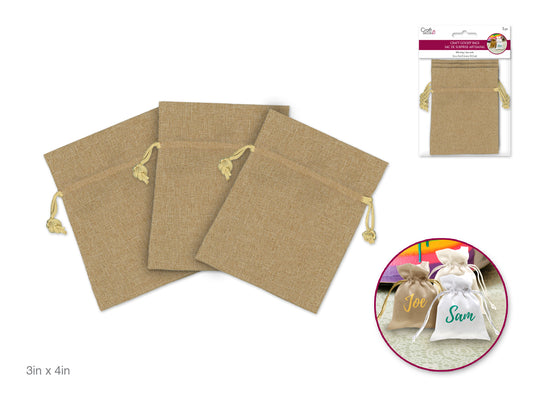 Craft Decor: 3"x4" Craft Goody Bags x3 Poly-Weave w/Rib String A) Burlap-Look