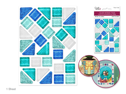 Craft Decor: Glitter Glass Mosaic Tiles 3.2x4.7" Self-Stick C) Blues