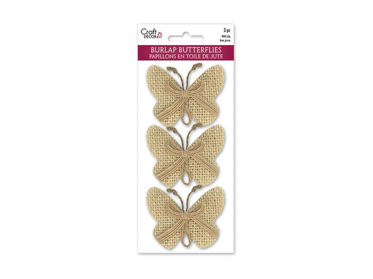 Craft Decor: 6cmx7.4cm Burlap Butterflies x3 w/Clip + Burlap Ribbon A) Natural