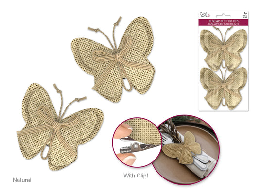 Craft Decor: 8.8cmx10cm Burlap Butterflies x2 w/Clip + Burlap Ribbon A) Natural