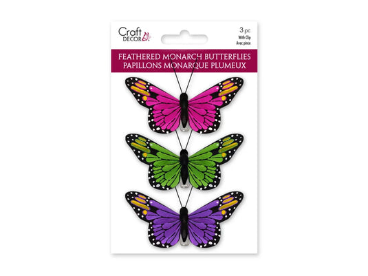 Craft Decor: 3.25"x1.75" Feathered Monarch Butterflies x3 w/Gator Clip A) Brights