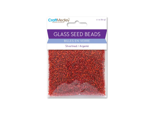 Glass Seed Beads: 12/0 Silverlined 60Gms J) Red Vermillion