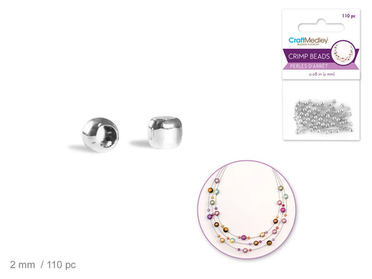 Jewelry Findings: 2mm Crimp Beads x110 Brass Metal B) Silver Plating