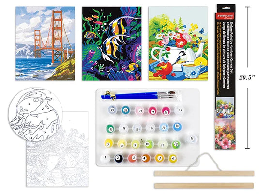 DELUXE PAINT BY NUMBER SET 40X50CM CANVAS SCROLL 3 BRUSHES + 25 PAINT PODS X 3ML EACH