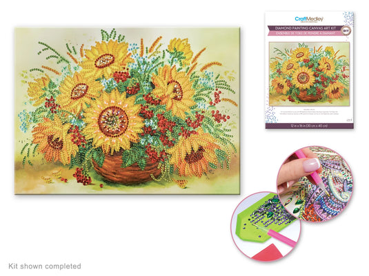 Craft Medley Kit: Diamond Painting Art Kit 12"x16" w/Gems+Tool+Tray G) Sunflower Pot