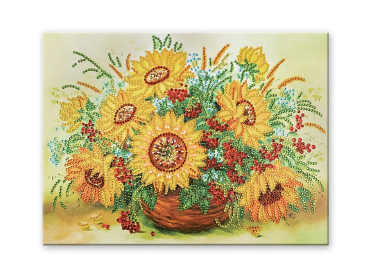 Craft Medley Kit: Diamond Painting Art Kit 12"x16" w/Gems+Tool+Tray G) Sunflower Pot