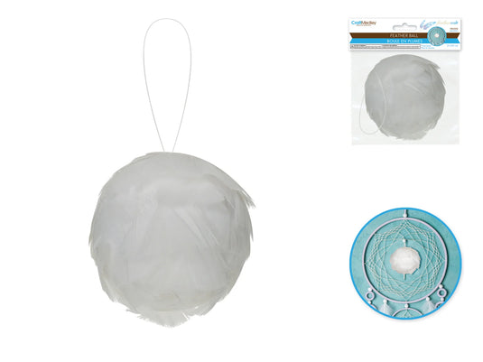 Feather Craft: 3.1" Feather Covered Foam Ball w/Clear Cord Hanger A) White