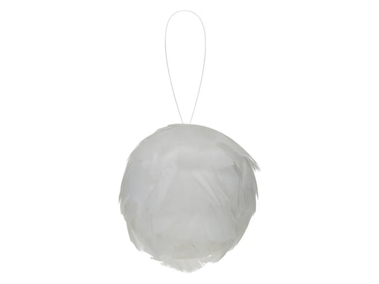 Feather Craft: 3.1" Feather Covered Foam Ball w/Clear Cord Hanger A) White