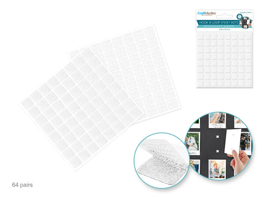 3D Hook & Loop Sticky Dots: 3/8" Square 64-pairs Dual-Adhesive