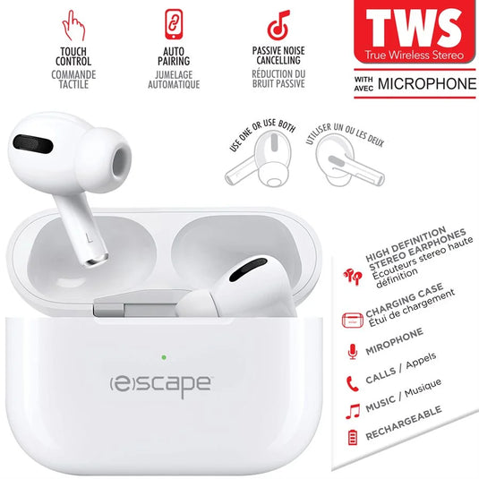 ESCAPE TWS WIRELESS STEREO EARPHONES WITH CHARGING STATION & MICROPHONE