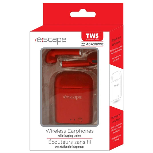 TWS WIRELESS STEREO EARPHONES WITH CHARGING STATION & MICROPHONE, METALLIC RED