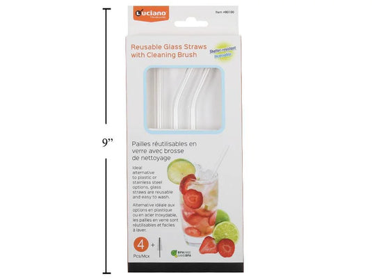 Luciano 4-pc 20cm L Glass Straws, 2 straight+2 curved w/Brush,cbx