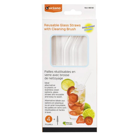 Luciano 4-pc 20cm L Glass Straws, 2 straight+2 curved w/Brush,cbx