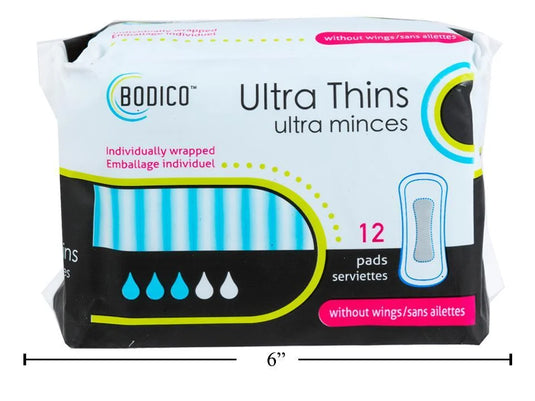 Bodico Ultra Thin Pads, WINGLESS, 12pcs/bag, ind-wrapped, 23x10.5cm