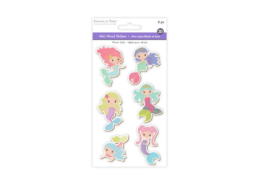 Paper Craft Emb: 6pc Painted Mini Wood Stickers 1.75"-2"pcs B) Mermaid
