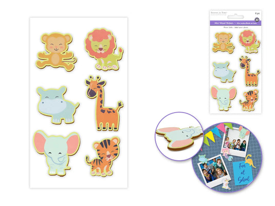 Paper Craft Emb: 6pc Painted Mini Wood Stickers 1.75"-2"pcs C) Animals