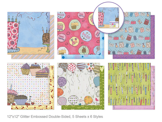 Cardstock: 12"x12" Glitter Embossed Dble-Sided 5eax6styles C) Happy Birthday