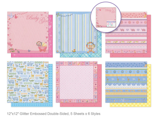 Cardstock: 12"x12" Glitter Embossed Dble-Sided 5eax6styles D) Baby Girl & Boy