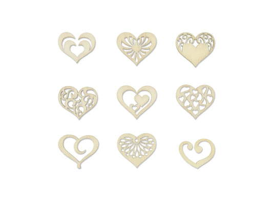 Paper Craft Emb: 45pc Mini Wood Emb in 9-Comp Box B) Hearts