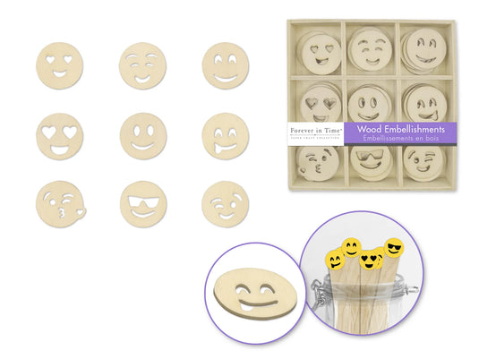Paper Craft Emb: 45pc Mini Wood Emb in 9-Comp Box D) Emoticons