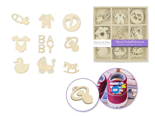 Paper Craft Emb: 45pc Mini Wood Emb in 9-Comp Box G) Baby