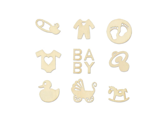 Paper Craft Emb: 45pc Mini Wood Emb in 9-Comp Box G) Baby