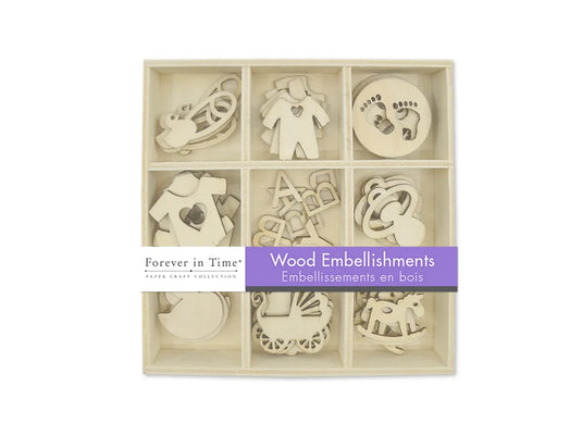 Paper Craft Emb: 45pc Mini Wood Emb in 9-Comp Box G) Baby
