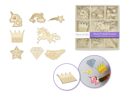 Paper Craft Emb: 45pc Mini Wood Emb in 9-Comp Box H) Unicorn