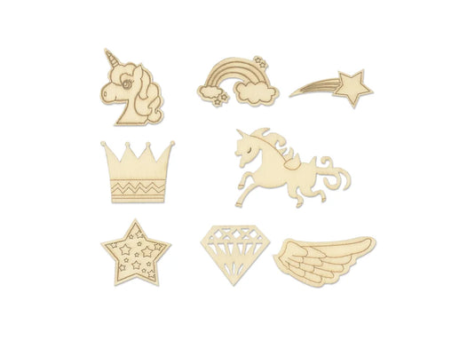 Paper Craft Emb: 45pc Mini Wood Emb in 9-Comp Box H) Unicorn