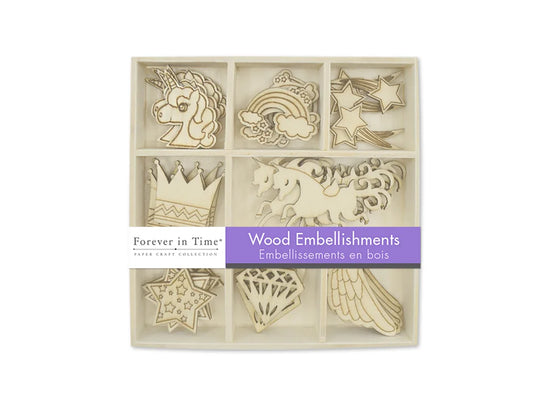 Paper Craft Emb: 45pc Mini Wood Emb in 9-Comp Box H) Unicorn