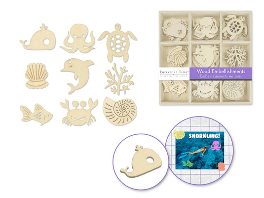Paper Craft Emb: 45pc Mini Wood Emb in 9-Comp Box I) Sea Life