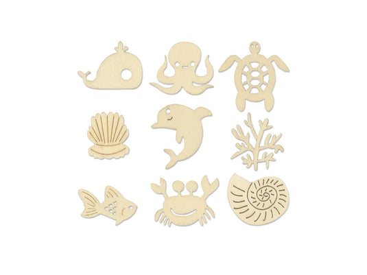 Paper Craft Emb: 45pc Mini Wood Emb in 9-Comp Box I) Sea Life