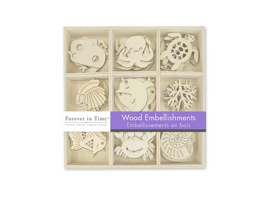 Paper Craft Emb: 45pc Mini Wood Emb in 9-Comp Box I) Sea Life