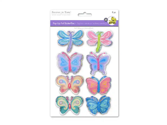 Handmade Stickers: 12cmx17cm 3D Pop-Ups Foil Butterflies 8pc B) Pastel Mix