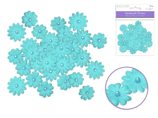 Floral Embellish: 0.8cm+2cm Handmade Paper w/Pearls E) Blue