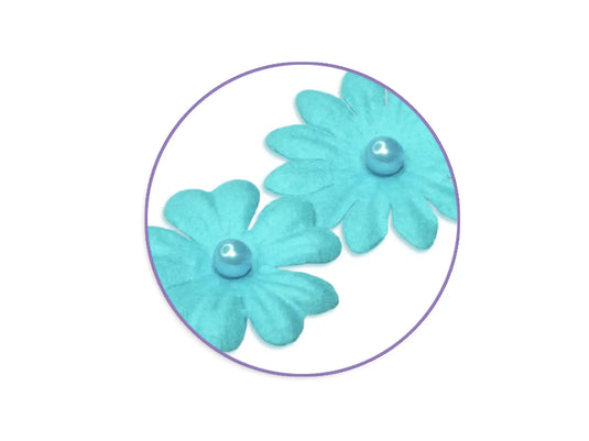 Floral Embellish: 0.8cm+2cm Handmade Paper w/Pearls E) Blue
