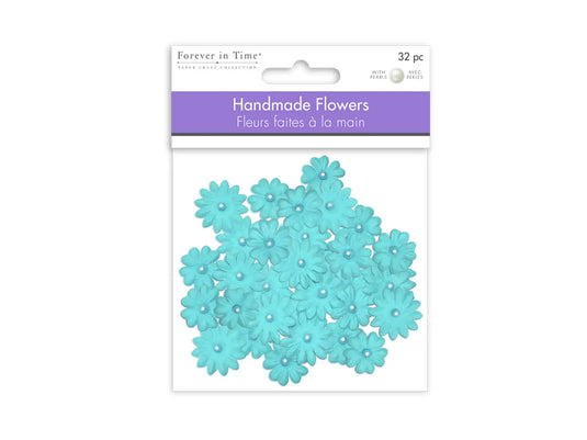 Floral Embellish: 0.8cm+2cm Handmade Paper w/Pearls E) Blue