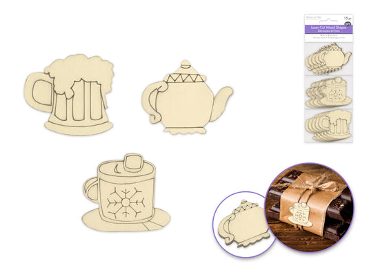 Paper Craft Emb: DIY Mini Wood Laser Cut-Outs x15 E) Beverage