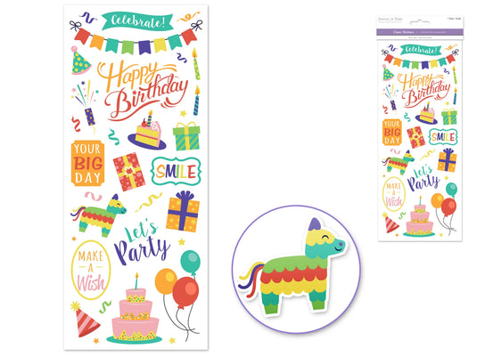 Paper Craft Sticker: 5"x12" Classic Themes 'Clear' Photo Safe C) Happy Birthday