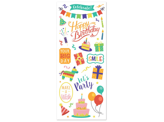 Paper Craft Sticker: 5"x12" Classic Themes 'Clear' Photo Safe C) Happy Birthday