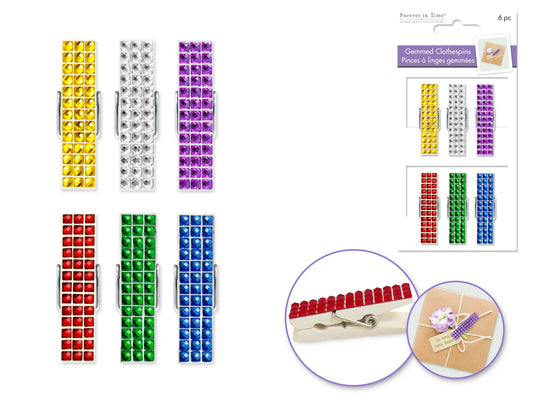 Paper Craft Emb: 1.8" Wood Deco Gemmed Clothespins x6 B) Bold