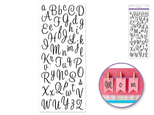 Paper Craft Sticker: 5"x12" Letters & Numbers Medley Clear Q) Letters Black Cursive