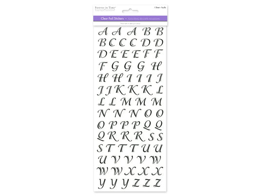 Paper Craft Sticker: 5"x12" Foil Fancy Everyday Themes Clear Photo Safe N) Black Script Alphabet
