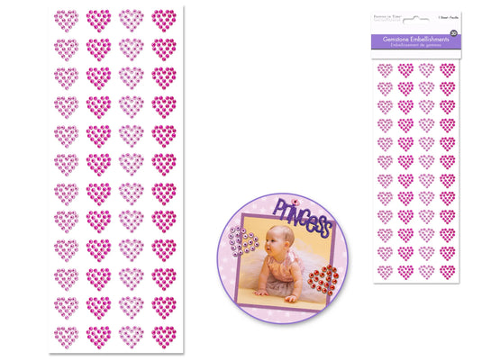 Paper Craft Sticker: 10cmx26.4cm Gemstone Embellishments A) Pink Hearts