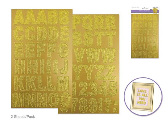 Paper Craft Stickers: 14.5cmx24cm Chipboard Glitter Letters 2sheets A) Gold