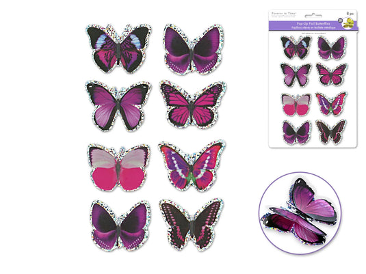 Handmade Stickers: 12cmx17cm 3D Pop-Ups Foil Butterflies 8pc E) Shades of Violet
