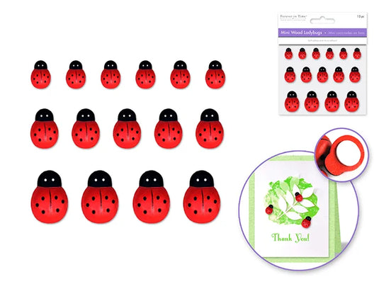 Paper Craft Emb: 1/2"-1" Mini Wood Ladybugs x15 Peel-n-Stick Painted